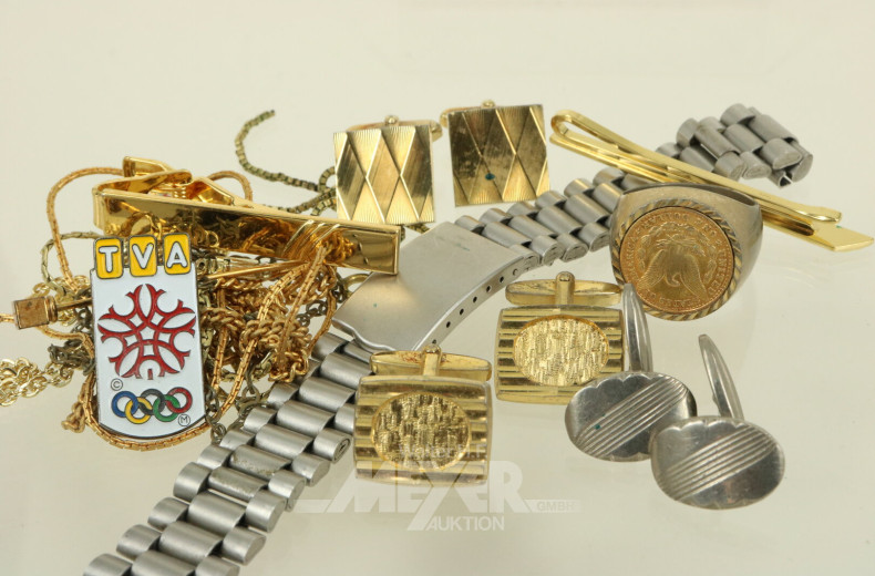 Konvolut Modeschmuck: Ketten, Manschettenknöpfe, Ring