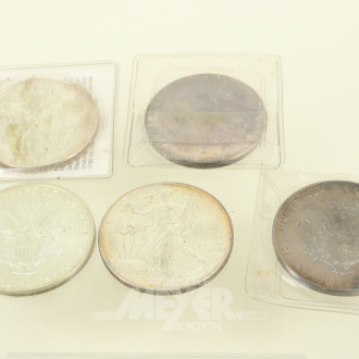 5 USA 1 Dollar Silver Eagle, versch. Jahrgänge