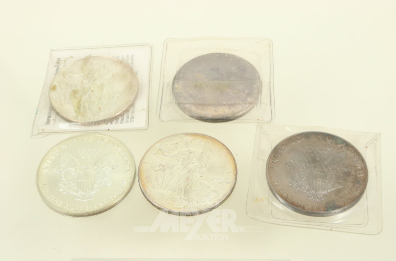 5 USA 1 Dollar Silver Eagle, versch. Jahrgänge