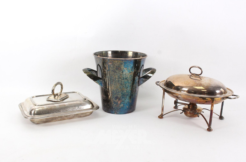3 Teile Hotelsilber: Glosche, Tischaufsatz-Rechaud, Sektkühler