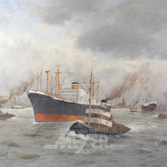 Gemälde "Schiff mit Hafenschlepper im Hamburger Hafen"