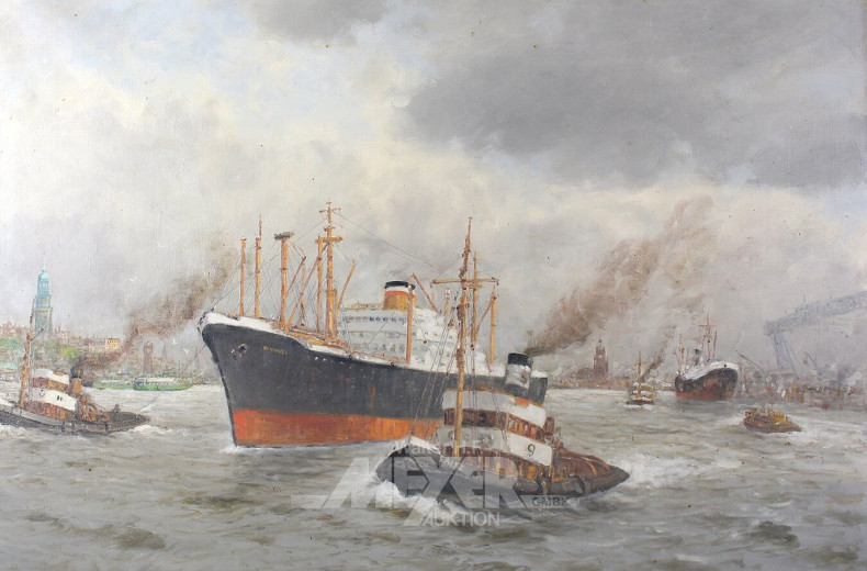 Gemälde "Schiff mit Hafenschlepper im Hamburger Hafen"