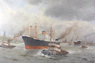 Gemälde "Schiff mit Hafenschlepper im Hamburger Hafen"