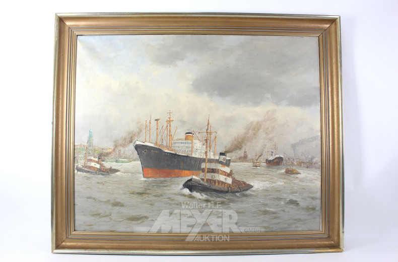 Gemälde "Schiff mit Hafenschlepper im Hamburger Hafen"