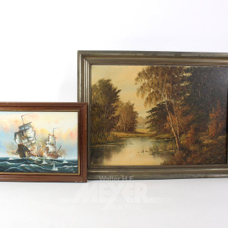 2 Gemälde "Seeschlacht / Flußlandschaft"