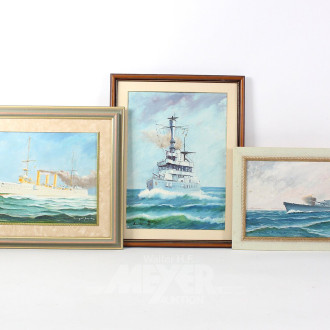 3 Gemälde "Kriegsschiffe"