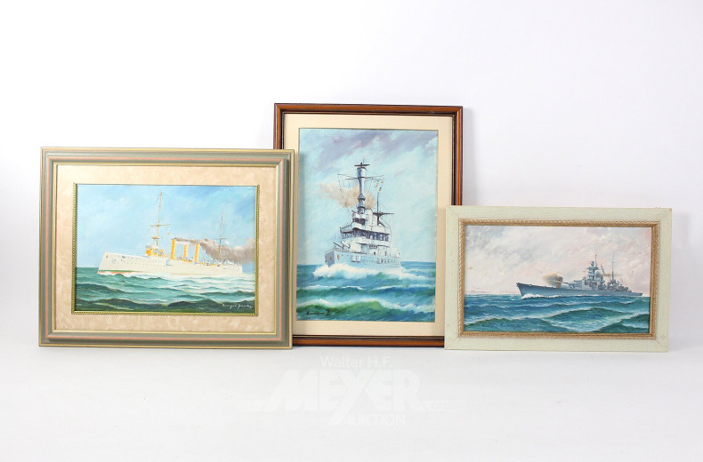 3 Gemälde "Kriegsschiffe"