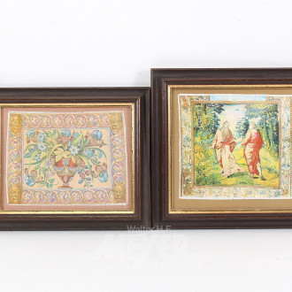 2 kleine Stoff-Bilder, "Blumen" -  "das Gespräch"