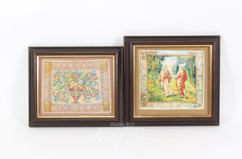 2 kleine Stoff-Bilder, "Blumen" -  "das Gespräch"