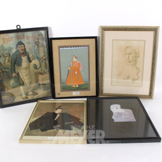 8 versch. Bilder "weibl. Akt, Soldat, Asiatin, Wirtshausszene, Beethoven u. Goethe"