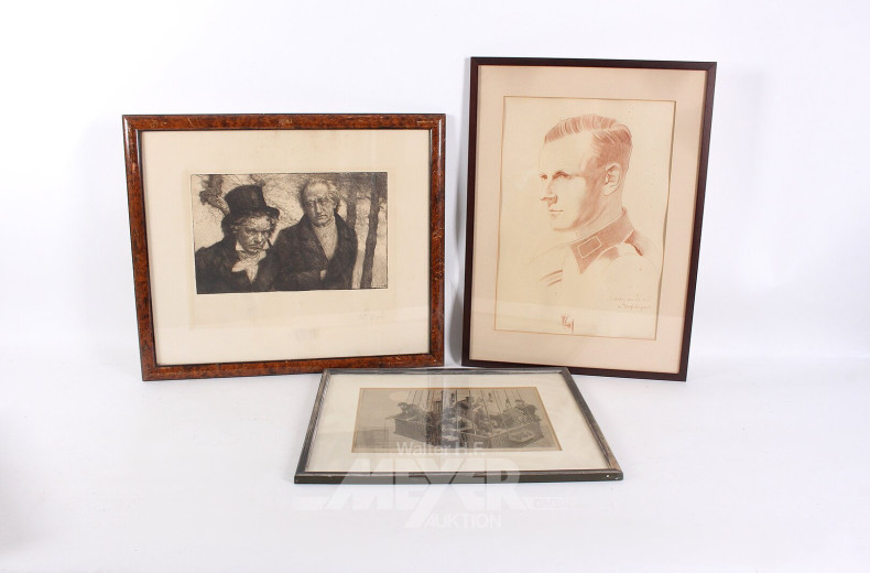 8 versch. Bilder "weibl. Akt, Soldat, Asiatin, Wirtshausszene, Beethoven u. Goethe"