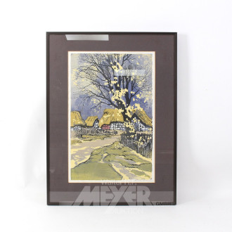 Paar Farbholzschnitte 'Bauernhäuser' u. 'Landschaft mit Kühen'