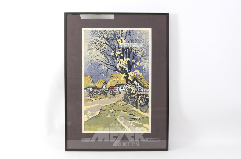 Paar Farbholzschnitte 'Bauernhäuser' u. 'Landschaft mit Kühen'