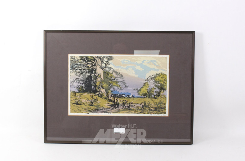 Paar Farbholzschnitte 'Bauernhäuser' u. 'Landschaft mit Kühen'