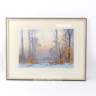 Paar Farbholzschnitte 'Winterszene mit Bauernkate' u. 'Herbstlicher Wald'