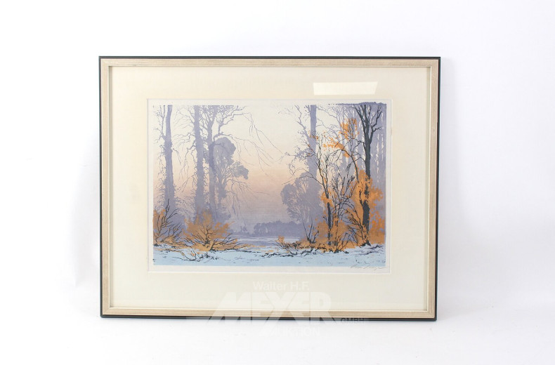 Paar Farbholzschnitte 'Winterszene mit Bauernkate' u. 'Herbstlicher Wald'