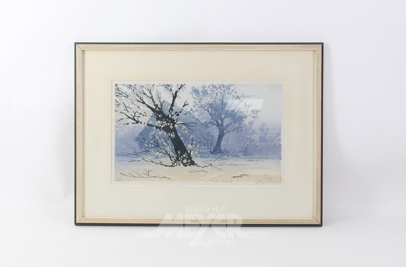 Paar Farbholzschnitte 'Winterszene mit Bauernkate' u. 'Herbstlicher Wald'