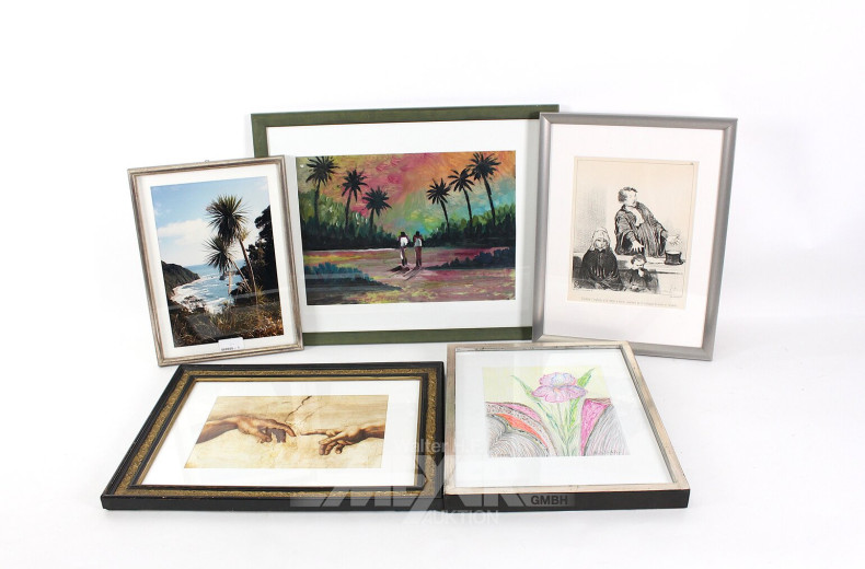 5 versch. Druckgrafiken, best. aus Blumen, Landschaftsszenen, Detailauschnitte, etc.