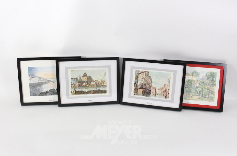 4 Druckgrafiken mit Stadt- u. Landschaftsszenen