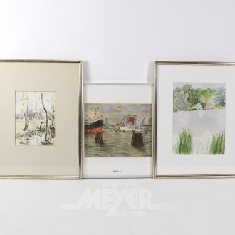 3 Kunstwerke, best. aus 2 Aquarellen mit Landschaftsszenen u. 1 Ölkreidegrafik mit Hafenszene
