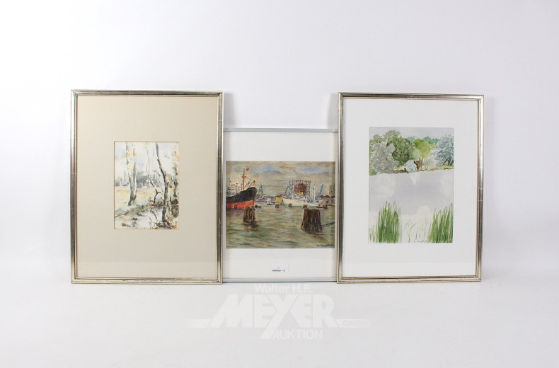 3 Kunstwerke, best. aus 2 Aquarellen mit Landschaftsszenen u. 1 Ölkreidegrafik mit Hafenszene