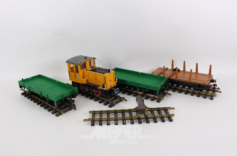 Garten-Eisenbahn: Rangierlok, 3 Niederbordwagen, div. Gleise