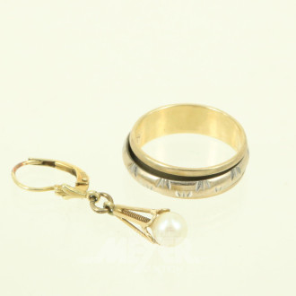 Bandring mit drehbarem Innenring sowie 1 Ohrhänger mit Perle