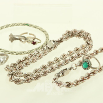 Konvolut Silberschmuck, best. aus Kette, Armband, Armreif und Ringe