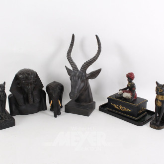 6 versch. asiat./afrik. Dekofiguren: Antilope, Elefant, Katzengöttin, Pharao, histor. Orientfigur