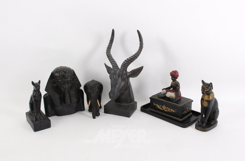 6 versch. asiat./afrik. Dekofiguren: Antilope, Elefant, Katzengöttin, Pharao, histor. Orientfigur