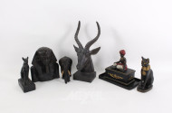 6 versch. asiat./afrik. Dekofiguren: Antilope, Elefant, Katzengöttin, Pharao, histor. Orientfigur