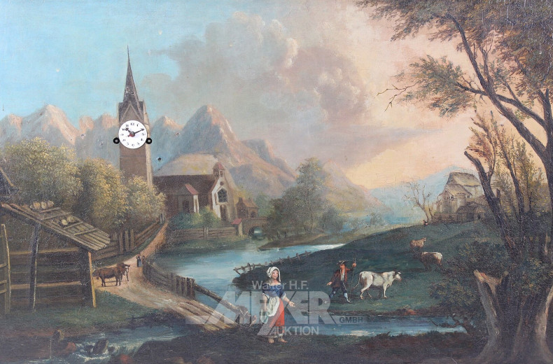 Bilderuhr, Biedermeier, Uhr eingebettet in bäuerlicher Landschaftsszene