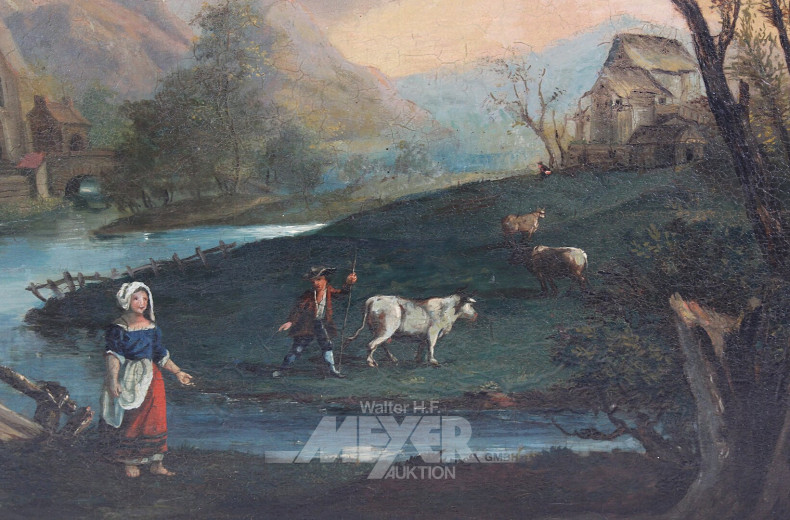 Bilderuhr, Biedermeier, Uhr eingebettet in bäuerlicher Landschaftsszene