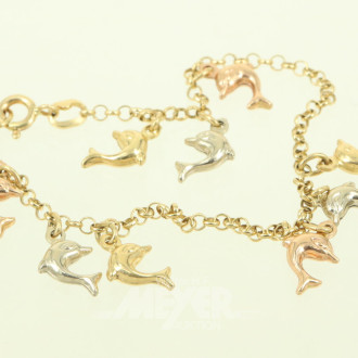 Armband in 750 GG mit kl. Delfinen in tricolor