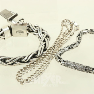 2 versch. Armbänder und eine Halskette, Silber
