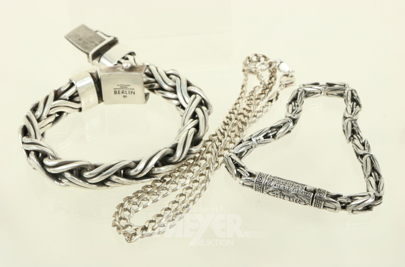 2 versch. Armbänder und eine Halskette, Silber