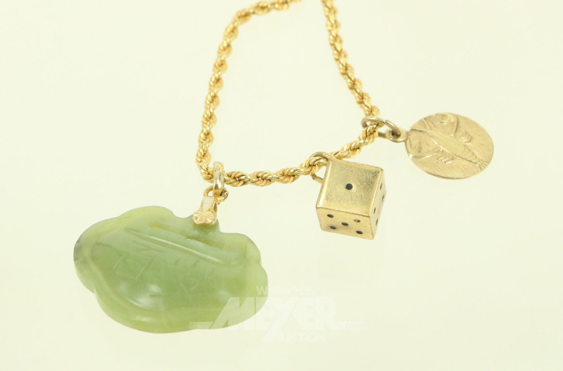 Kordelkette in 750 GG mit 3 Anhänger, davon 2x in 333 GG