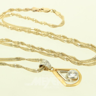 Kordelkette, gestempelt '14K', mit Anhänger in 585 GG/WG mit 1 Diamantimitation