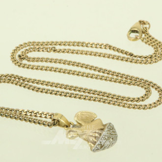 Gliederkette in 333 GG mit Anhänger 'Pelikan mit Brut' in 750 GG, besetzt mit 7 kl. Diamantrosen