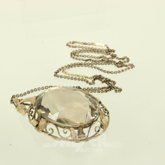 lange Gliederkette, mit 1 gr. Anhänger mit Rauchquarz im Ovalschliff, ca. 85 ct.