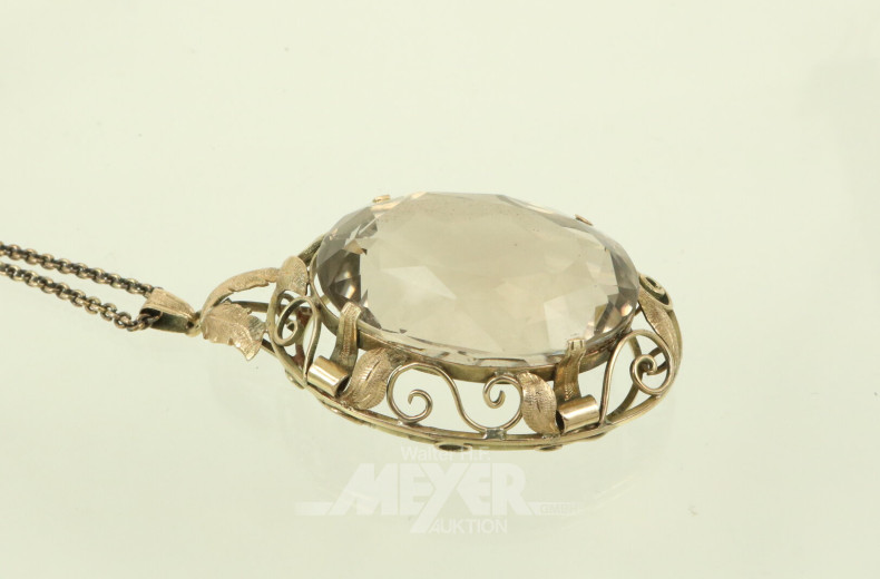 lange Gliederkette, mit 1 gr. Anhänger mit Rauchquarz im Ovalschliff, ca. 85 ct.