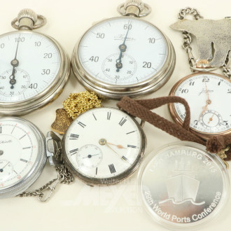 3 Taschenuhren, 2 Stoppuhren, 2 Schmuckteile u. 1 Medaille 'Elbphilharmonie'