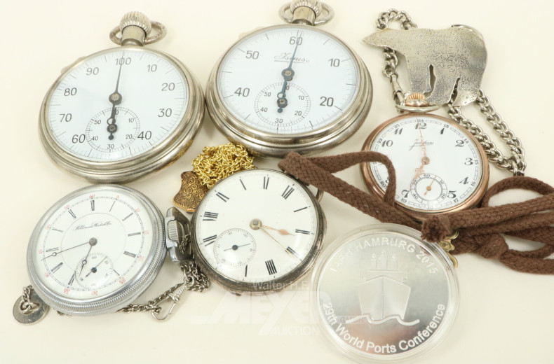 3 Taschenuhren, 2 Stoppuhren, 2 Schmuckteile u. 1 Medaille 'Elbphilharmonie'