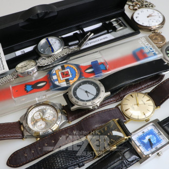 10 Armbanduhren u. 2 Taschenuhren, versch. Hersteller u.a. swatch