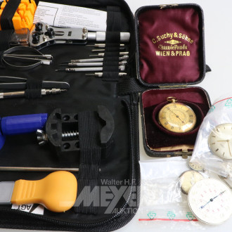 Konvolut versch. Uhrenwerke, sowie 1 Taschenuhr und 1 Set Uhrmacherwerkzeug im Etui