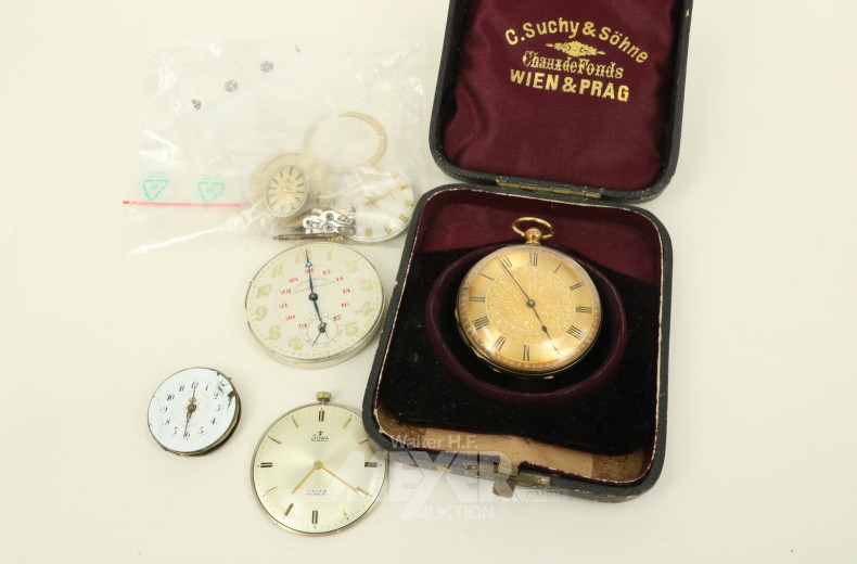 Konvolut versch. Uhrenwerke, sowie 1 Taschenuhr und 1 Set Uhrmacherwerkzeug im Etui