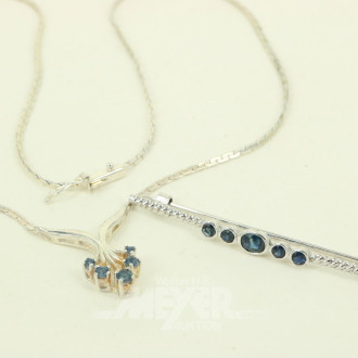 2 Teile Silberschmuck in 925er Silber, best. aus 1 Brosche u. 1 Collier mit kl. Saphiren