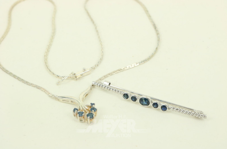 2 Teile Silberschmuck in 925er Silber, best. aus 1 Brosche u. 1 Collier mit kl. Saphiren