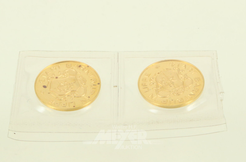 2 Gedenkprägungen, "Stadt Barntrup in Lippe" in 986er Gold
