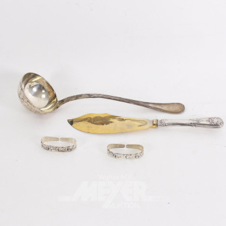 4 Teile Silber, best. aus Schöpflöffel, Fischmesser u. 2 Serviettenringe